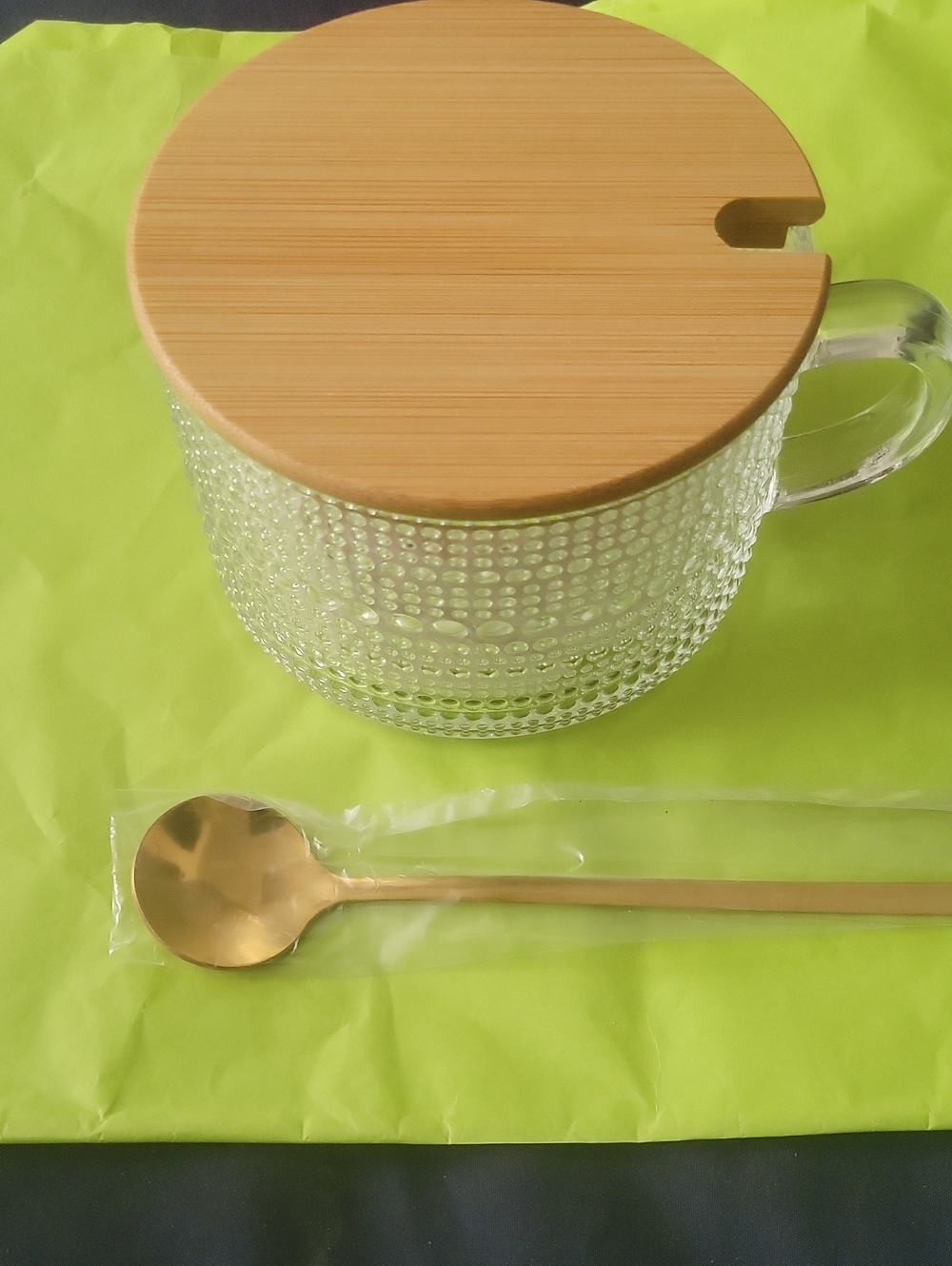 Glass Tea Mug with Bamboo Lid and Gold Spoon